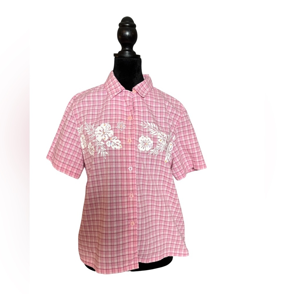 Vintage Koret Petite Floral Plaid Button Down Blouse Floral Buttons Size M